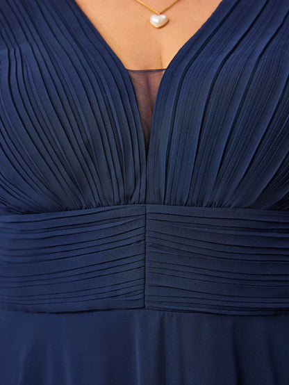 Plus Size Chiffon V-Neck Puff Sleeve Pleated Waist A-Line Midi Dress For Women Summer Wedding, Prom, Party, Vacation & Festival