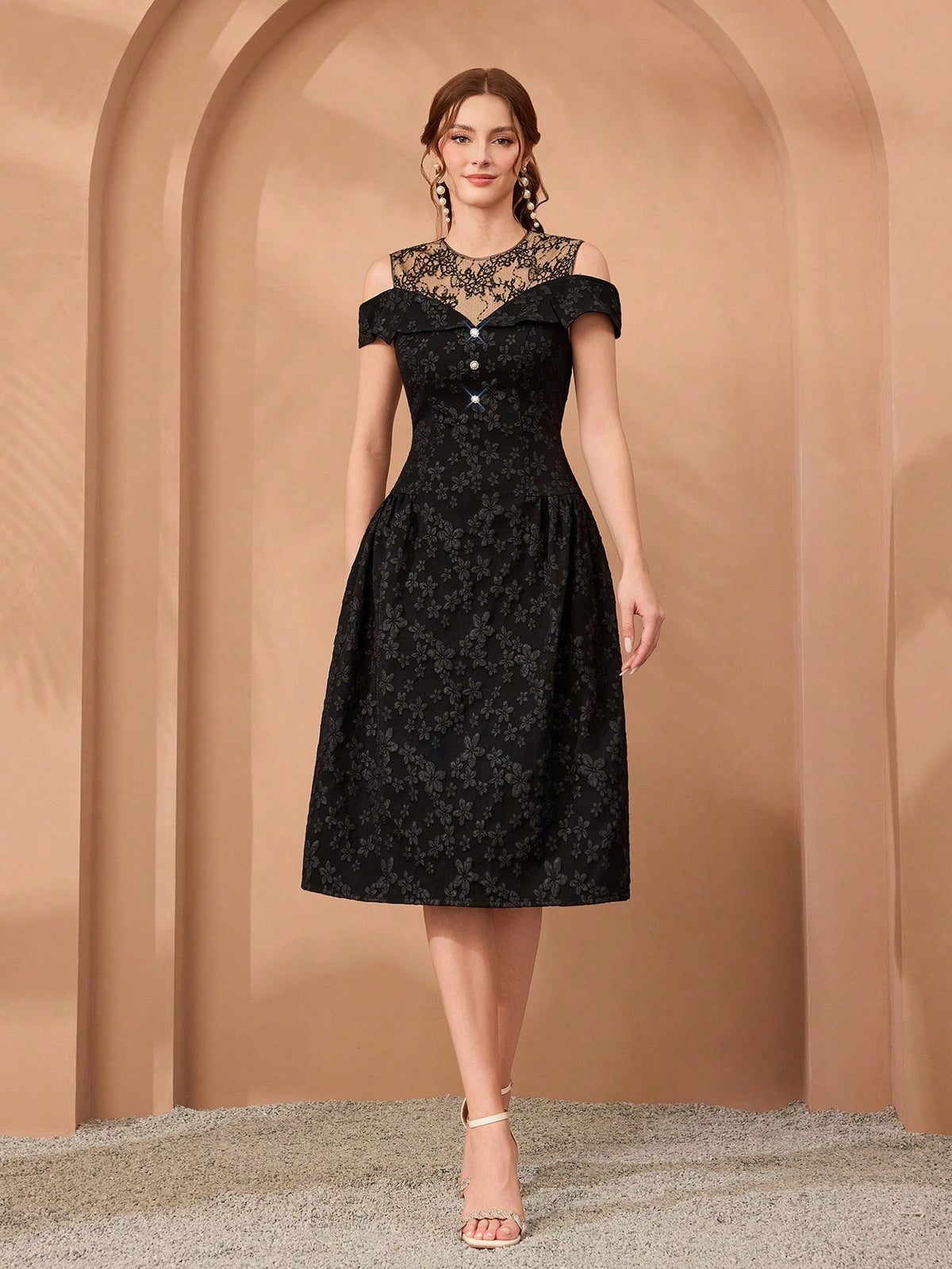 Women Elegant Fall Winter Black Jacquard Lace Dress, Cold Shoulder Neckline With Diamond Buttons, Midi A-Line Gown For Wedding, Dinner, Party, Prom