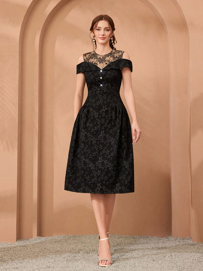 Women Elegant Fall Winter Black Jacquard Lace Dress, Cold Shoulder Neckline With Diamond Buttons, Midi A-Line Gown For Wedding, Dinner, Party, Prom