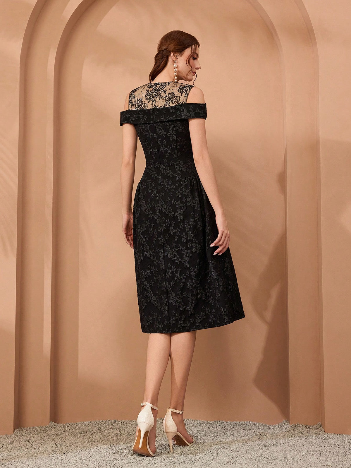 Women Elegant Fall Winter Black Jacquard Lace Dress, Cold Shoulder Neckline With Diamond Buttons, Midi A-Line Gown For Wedding, Dinner, Party, Prom