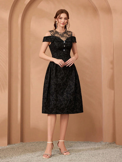 Women Elegant Fall Winter Black Jacquard Lace Dress, Cold Shoulder Neckline With Diamond Buttons, Midi A-Line Gown For Wedding, Dinner, Party, Prom