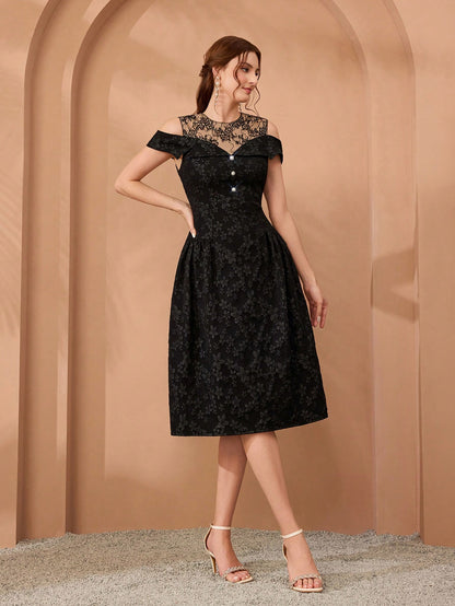 Women Elegant Fall Winter Black Jacquard Lace Dress, Cold Shoulder Neckline With Diamond Buttons, Midi A-Line Gown For Wedding, Dinner, Party, Prom