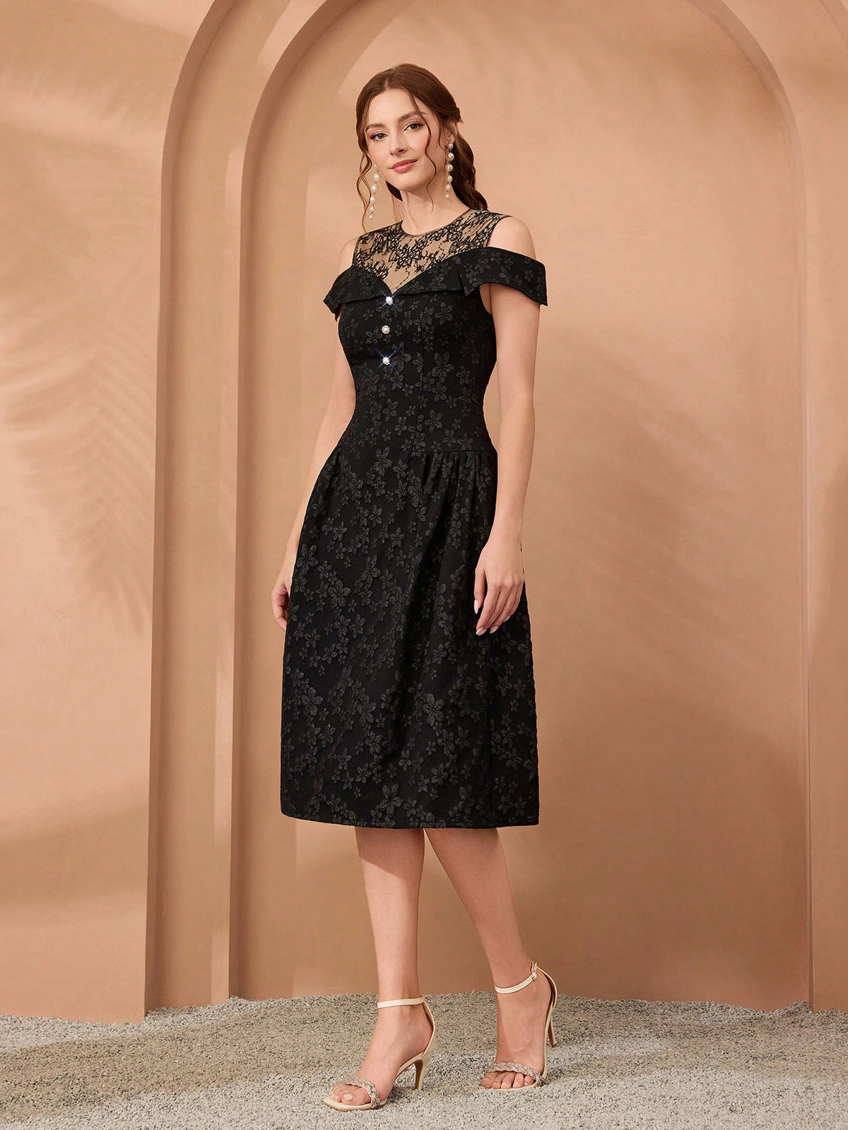 Women Elegant Fall Winter Black Jacquard Lace Dress, Cold Shoulder Neckline With Diamond Buttons, Midi A-Line Gown For Wedding, Dinner, Party, Prom
