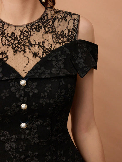 Women Elegant Fall Winter Black Jacquard Lace Dress, Cold Shoulder Neckline With Diamond Buttons, Midi A-Line Gown For Wedding, Dinner, Party, Prom