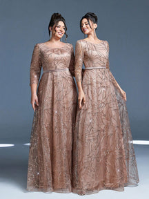 Luxury Elegant Summer Plus Champagne Sequin Tulle Maxi Gown, Leaf Embroidery A-Line, Floor Waist Wedding Mother Bride Party Formal Dress