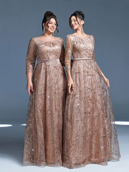 Luxury Elegant Summer Plus Champagne Sequin Tulle Maxi Gown, Leaf Embroidery A-Line, Floor Waist Wedding Mother Bride Party Formal Dress