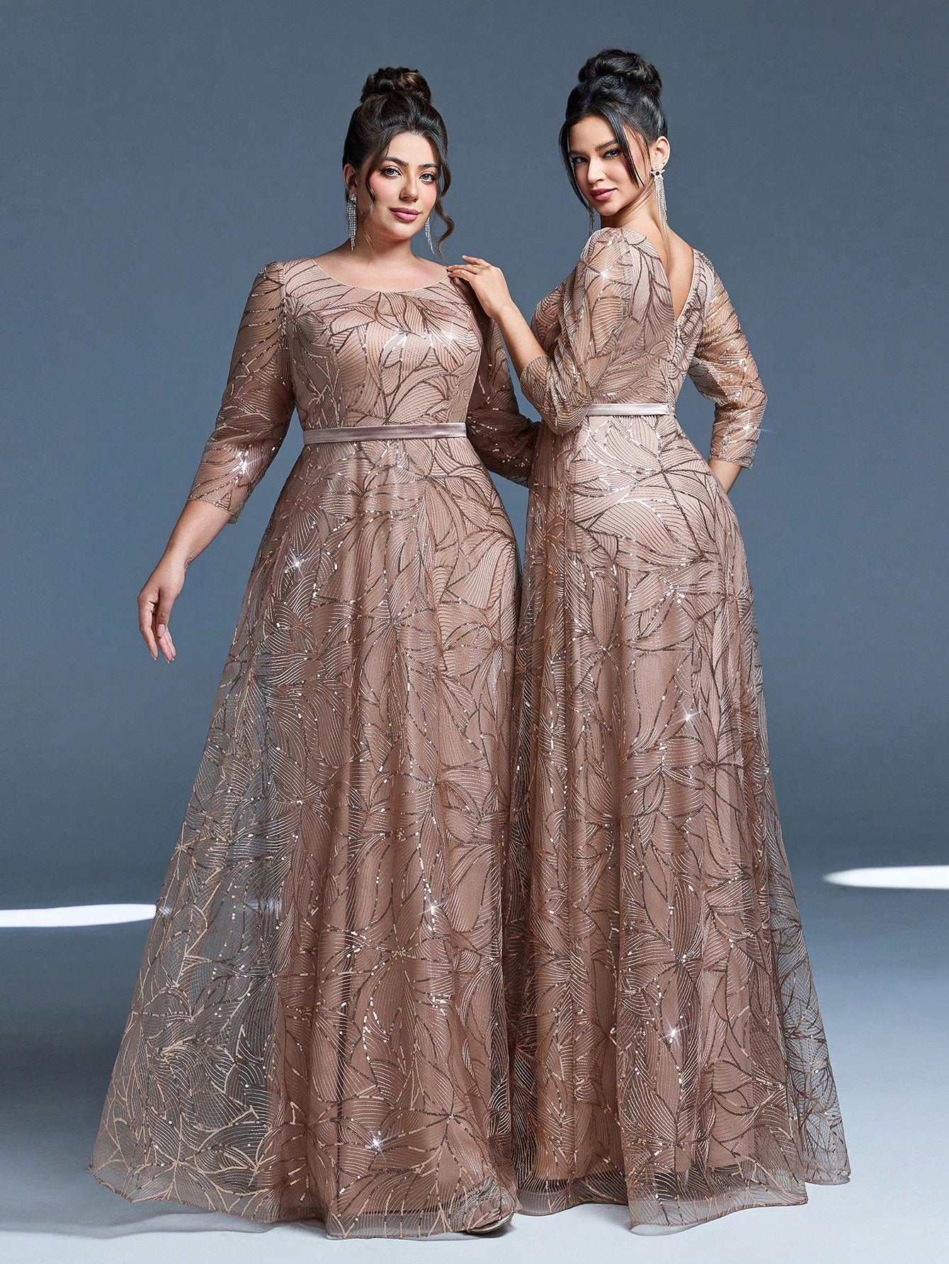 Women's New Round Neck Evening Dress, Sequin Lace Belt, Elegant A-Line Dress