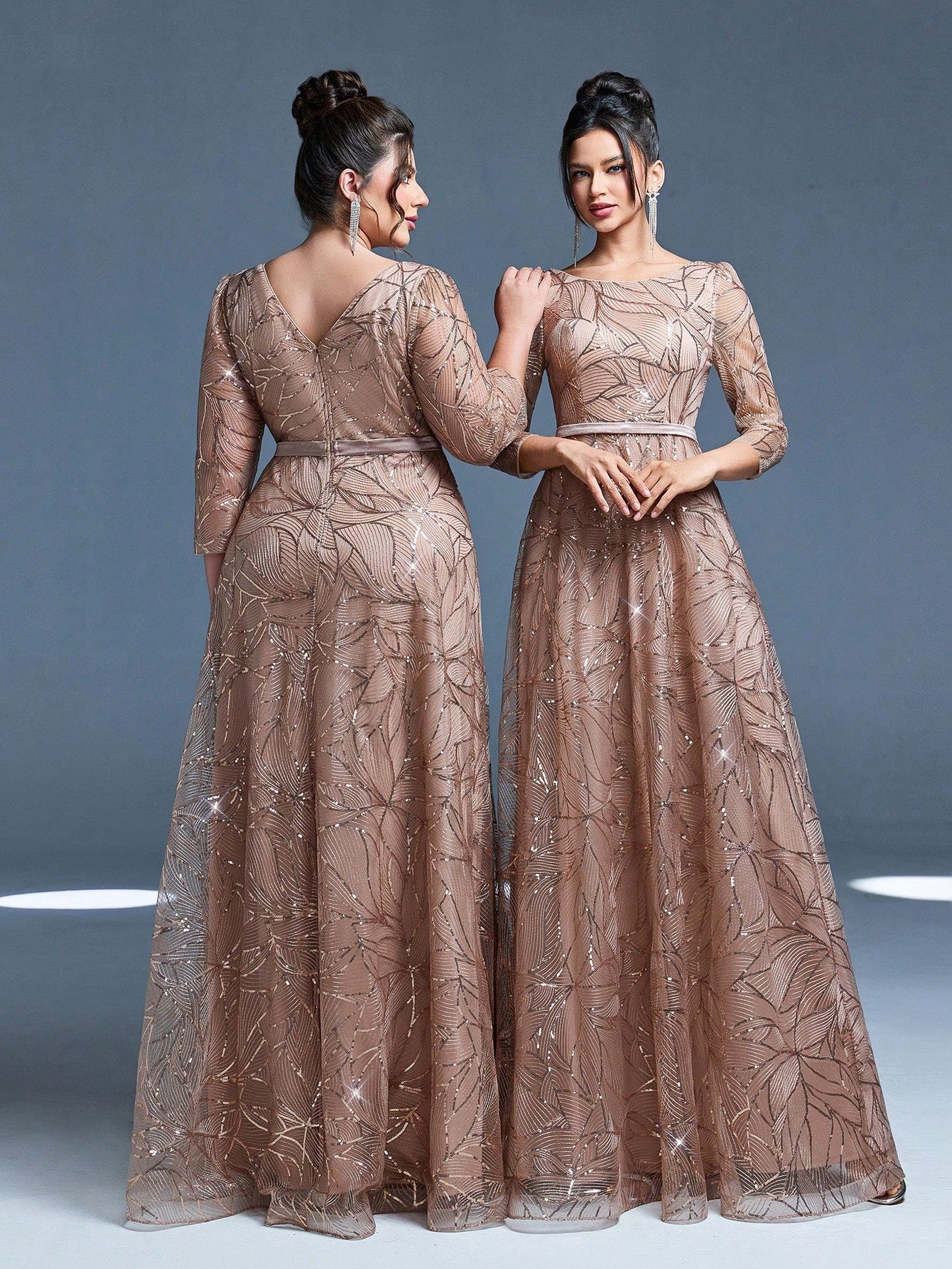 Women's New Round Neck Evening Dress, Sequin Lace Belt, Elegant A-Line Dress