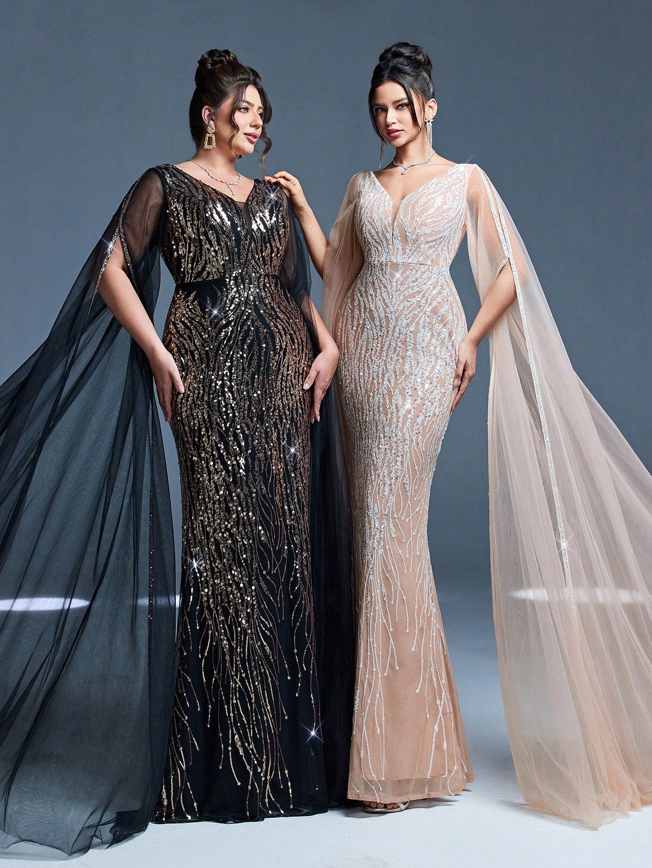 V-Neck Mesh Shoulder Double Layer Sequin Fitted Mermaid Maxi Dress