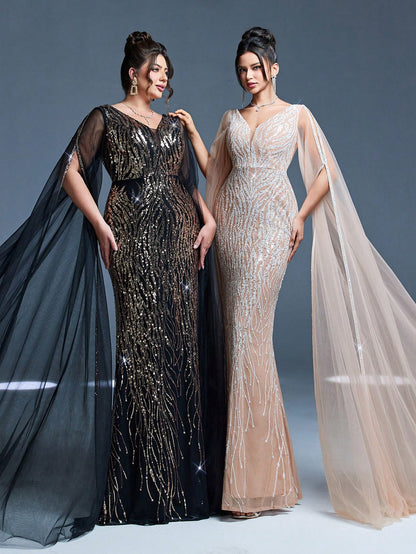 V-Neck Mesh Shoulder Double Layer Sequin Fitted Mermaid Maxi Dress