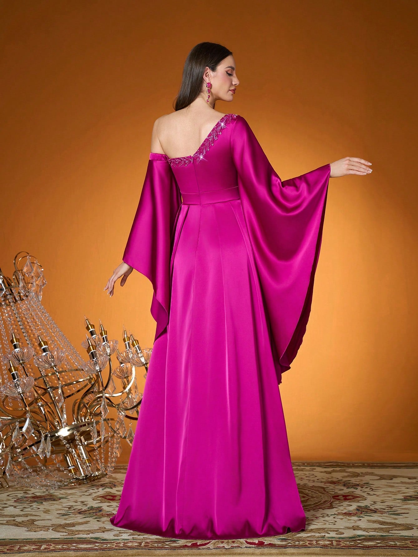 Mgiacy-Classy,New Arrival,One Shoulder,Elegant,Ball Dress,3D Floral,High Slit,Flounce Sleeve,Satin,Long Dress,FOR,Prom Wedding,Party Dress,Wedding Guest Dress, Evening Dress