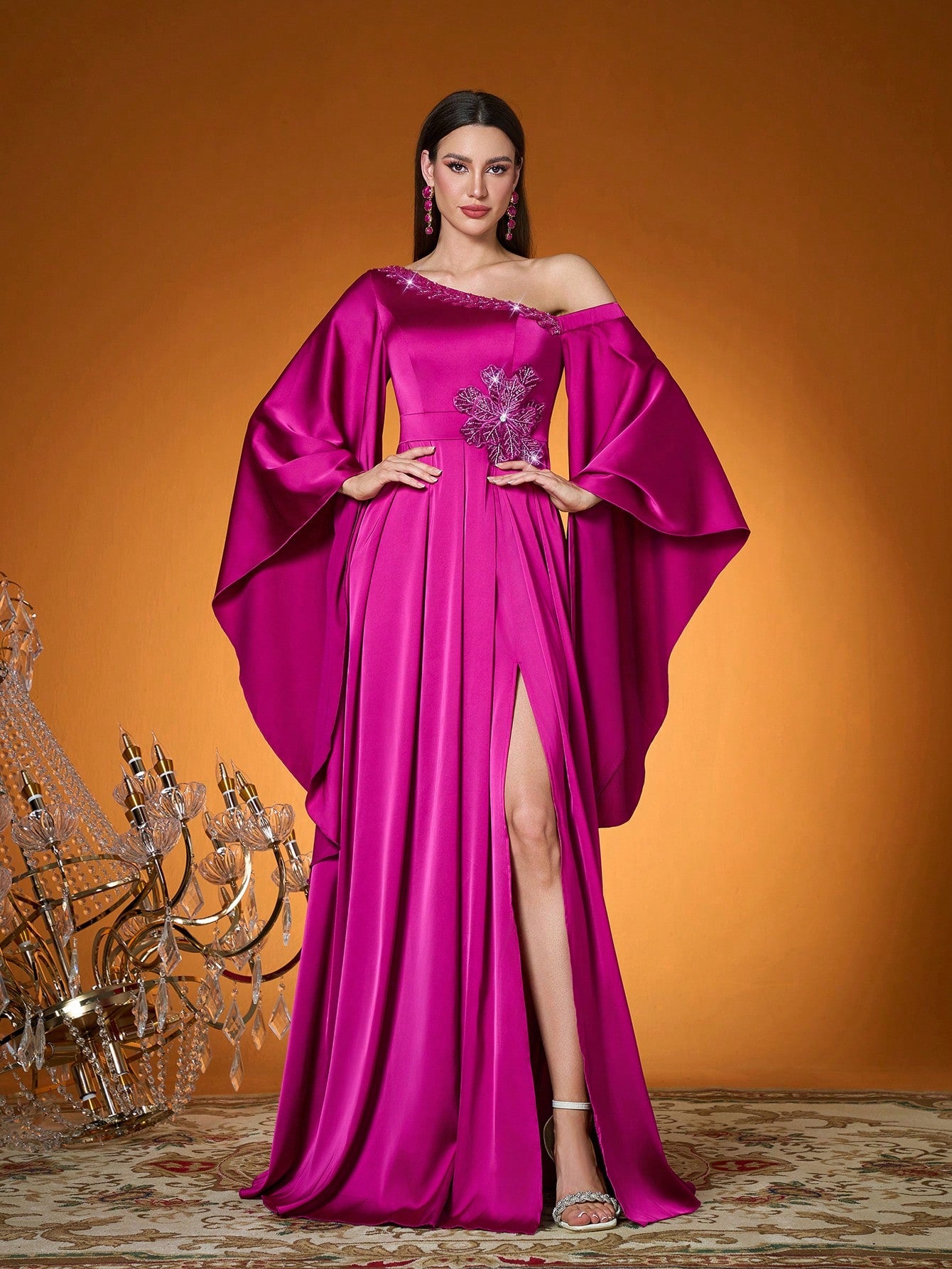 Mgiacy-Classy,New Arrival,One Shoulder,Elegant,Ball Dress,3D Floral,High Slit,Flounce Sleeve,Satin,Long Dress,FOR,Prom Wedding,Party Dress,Wedding Guest Dress, Evening Dress