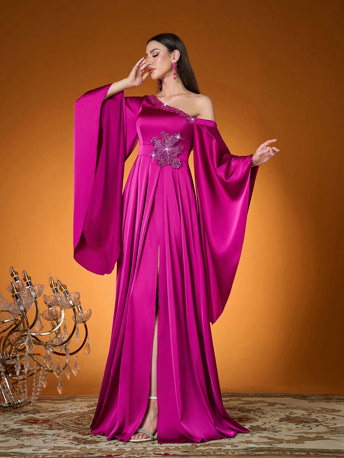 Mgiacy-Classy,New Arrival,One Shoulder,Elegant,Ball Dress,3D Floral,High Slit,Flounce Sleeve,Satin,Long Dress,FOR,Prom Wedding,Party Dress,Wedding Guest Dress, Evening Dress