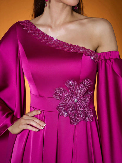 Mgiacy-Classy,New Arrival,One Shoulder,Elegant,Ball Dress,3D Floral,High Slit,Flounce Sleeve,Satin,Long Dress,FOR,Prom Wedding,Party Dress,Wedding Guest Dress, Evening Dress