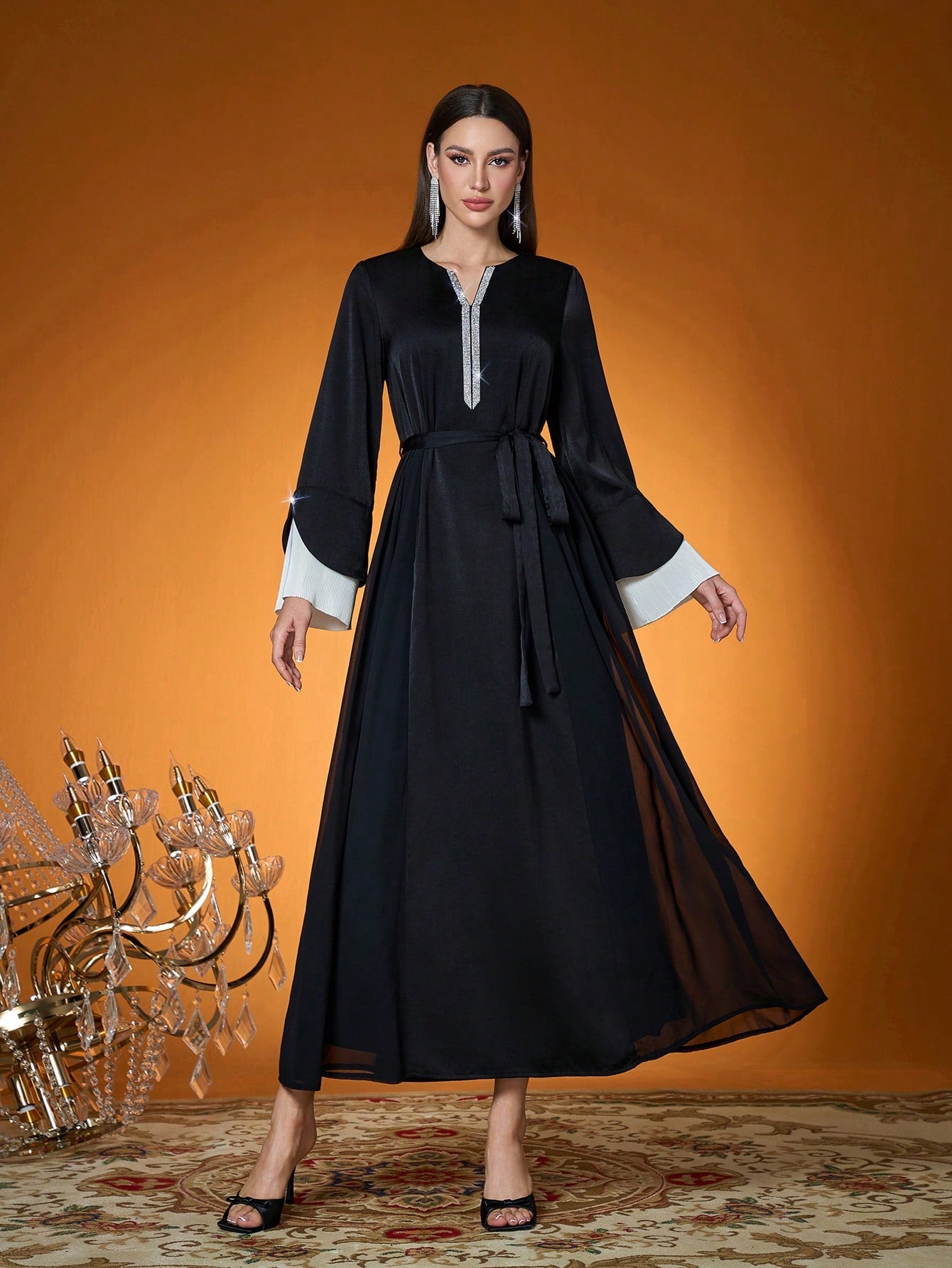 Women's Woven Contrast Color Pleated Beaded Dress