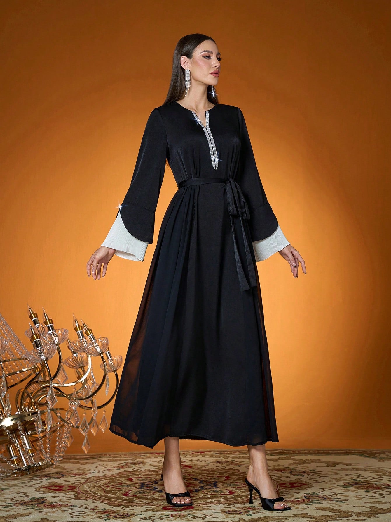 Women's Woven Contrast Color Pleated Beaded Dress