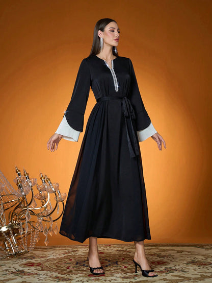 Women's Woven Contrast Color Pleated Beaded Dress