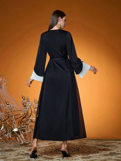 Women's Woven Contrast Color Pleated Beaded Dress