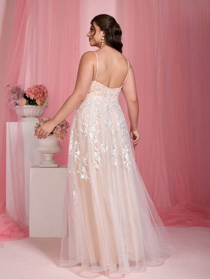 Plus Size Strapless Romantic Embroidered Lace Patchwork Mesh Waist Maxi Dress Wedding Party White