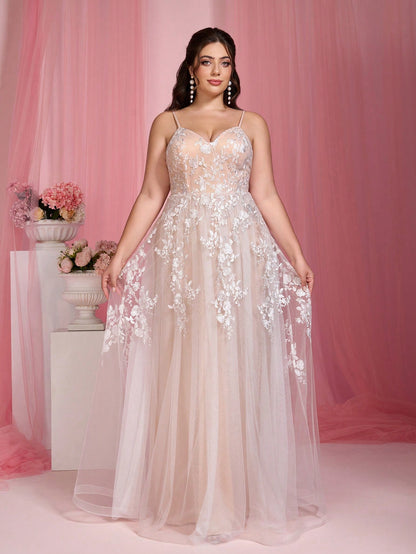 Plus Size Strapless Romantic Embroidered Lace Patchwork Mesh Waist Maxi Dress Wedding Party White