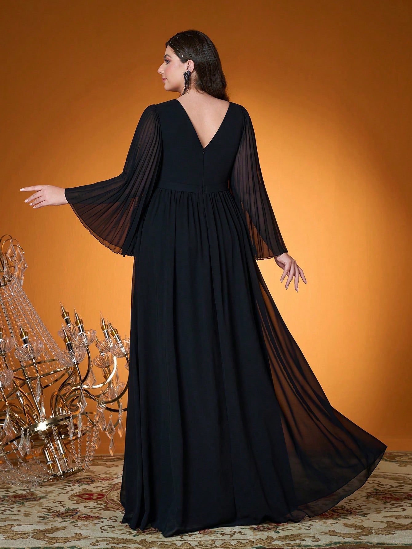 V Neck,Sequin Embroidery,High-End,Plus Size Ball Dress,Flounce Sleeve,Chiffon,Long Dress,Parties And Weddings,Black,Elegant Dresses For Women