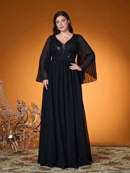 V Neck,Sequin Embroidery,High-End,Plus Size Ball Dress,Flounce Sleeve,Chiffon,Long Dress,Parties And Weddings,Black,Elegant Dresses For Women