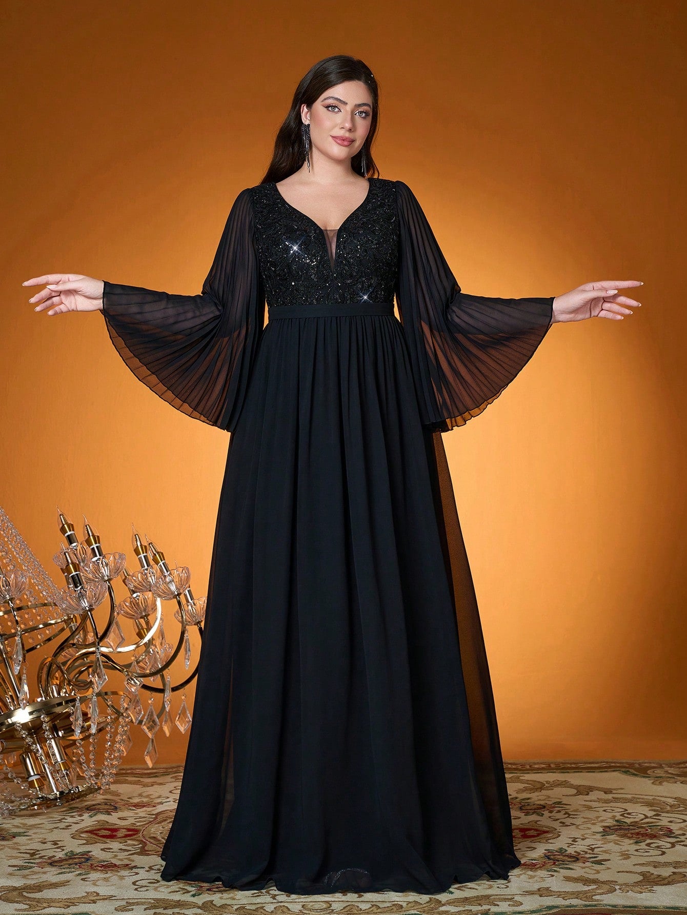 V Neck,Sequin Embroidery,High-End,Plus Size Ball Dress,Flounce Sleeve,Chiffon,Long Dress,Parties And Weddings,Black,Elegant Dresses For Women