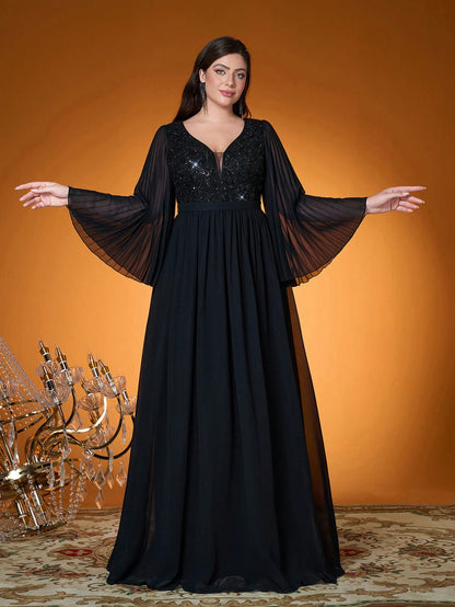 V Neck,Sequin Embroidery,High-End,Plus Size Ball Dress,Flounce Sleeve,Chiffon,Long Dress,Parties And Weddings,Black,Elegant Dresses For Women