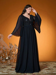 V Neck,Sequin Embroidery,High-End,Plus Size Ball Dress,Flounce Sleeve,Chiffon,Long Dress,Parties And Weddings,Black,Elegant Dresses For Women