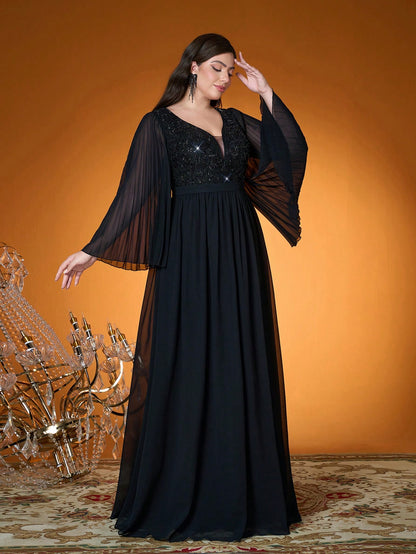 V Neck,Sequin Embroidery,High-End,Plus Size Ball Dress,Flounce Sleeve,Chiffon,Long Dress,Parties And Weddings,Black,Elegant Dresses For Women