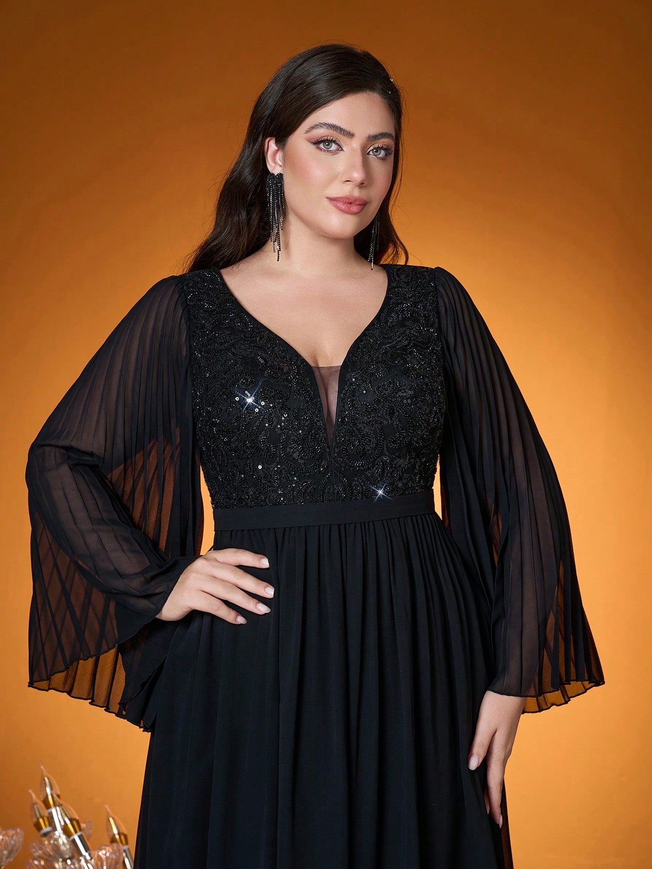 V Neck,Sequin Embroidery,High-End,Plus Size Ball Dress,Flounce Sleeve,Chiffon,Long Dress,Parties And Weddings,Black,Elegant Dresses For Women