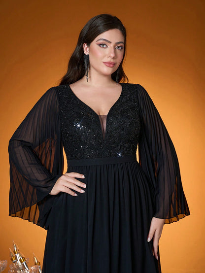 V Neck,Sequin Embroidery,High-End,Plus Size Ball Dress,Flounce Sleeve,Chiffon,Long Dress,Parties And Weddings,Black,Elegant Dresses For Women