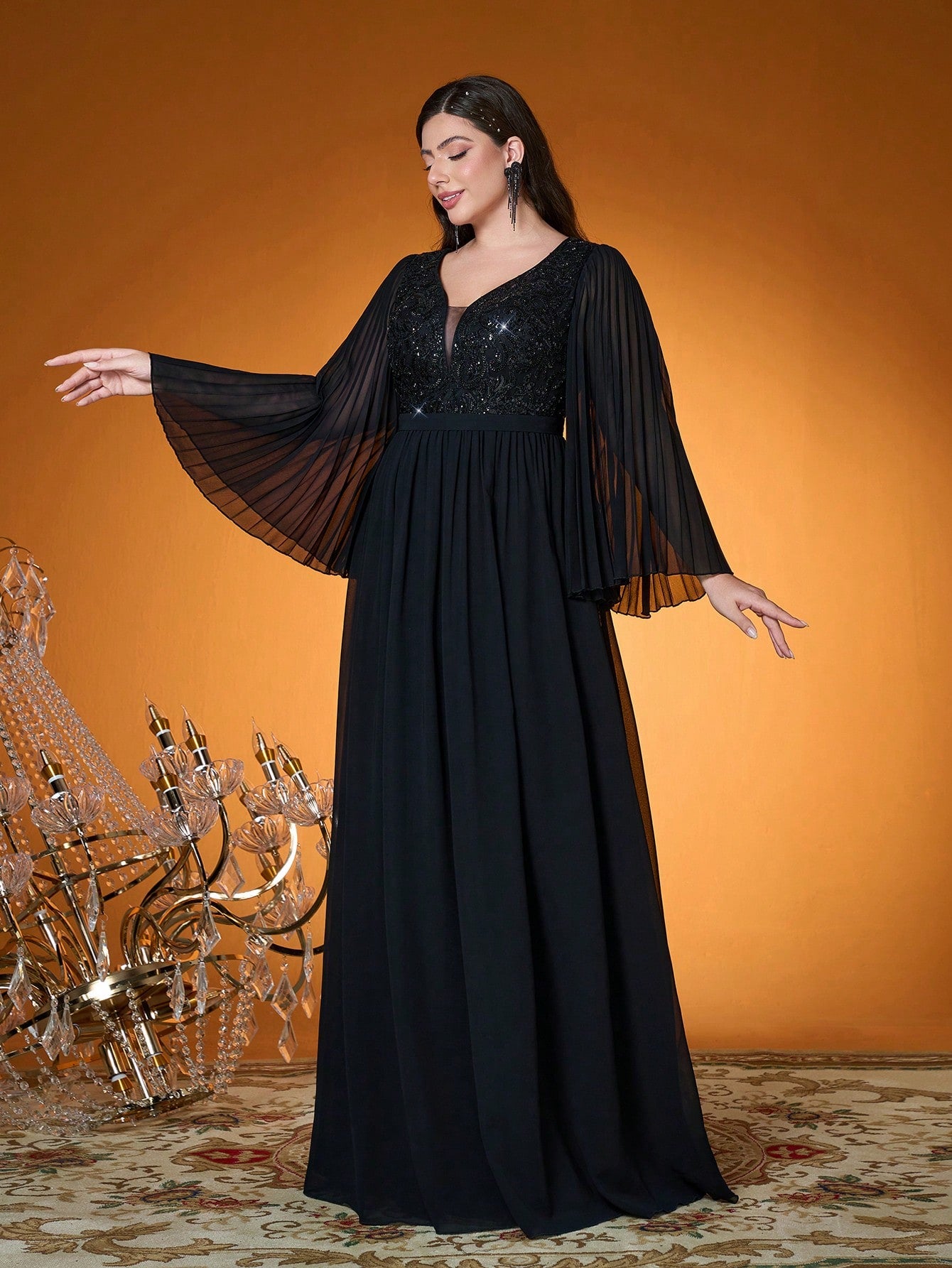 V Neck,Sequin Embroidery,High-End,Plus Size Ball Dress,Flounce Sleeve,Chiffon,Long Dress,Parties And Weddings,Black,Elegant Dresses For Women