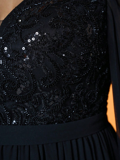 V Neck,Sequin Embroidery,High-End,Plus Size Ball Dress,Flounce Sleeve,Chiffon,Long Dress,Parties And Weddings,Black,Elegant Dresses For Women