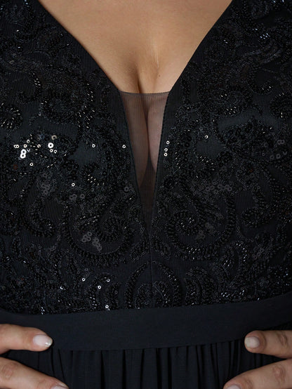 V Neck,Sequin Embroidery,High-End,Plus Size Ball Dress,Flounce Sleeve,Chiffon,Long Dress,Parties And Weddings,Black,Elegant Dresses For Women