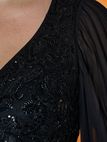 V Neck,Sequin Embroidery,High-End,Plus Size Ball Dress,Flounce Sleeve,Chiffon,Long Dress,Parties And Weddings,Black,Elegant Dresses For Women