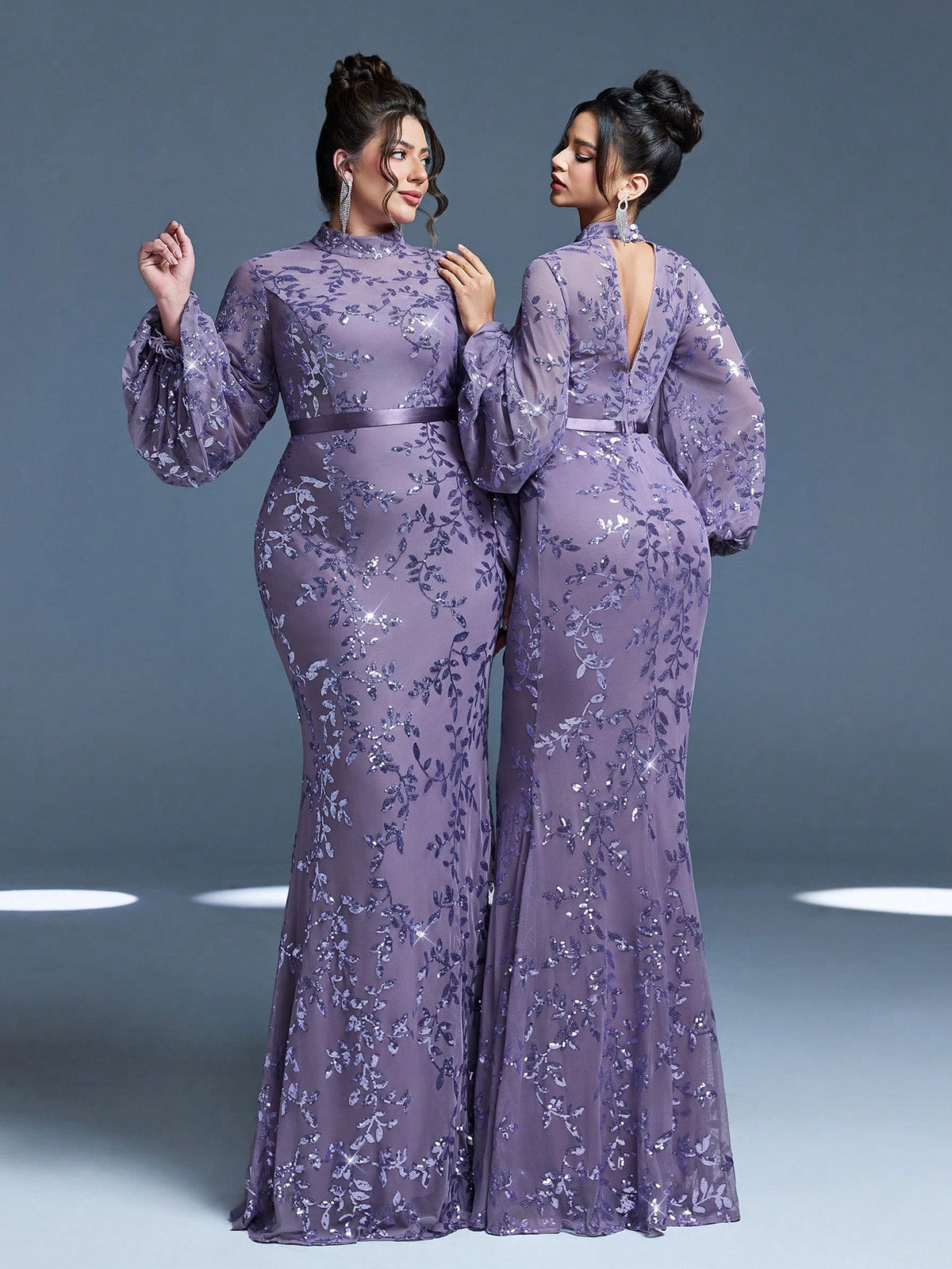 Plus Size Stand Collar Sequin Elegant Evening Dress, Sheer, Waist Belt, Lantern Sleeve, Fitted, Fishtail Hem Dress Vacation Party Wedding