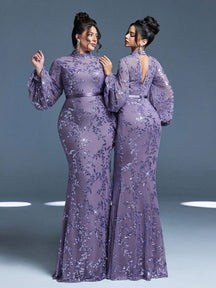 Plus Size Stand Collar Sequin Elegant Evening Dress, Sheer, Waist Belt, Lantern Sleeve, Fitted, Fishtail Hem Dress Vacation Party Wedding