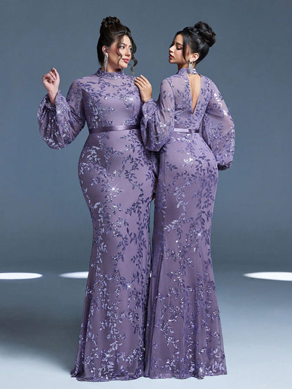 Plus Size Stand Collar Sequin Elegant Evening Dress, Sheer, Waist Belt, Lantern Sleeve, Fitted, Fishtail Hem Dress Vacation Party Wedding