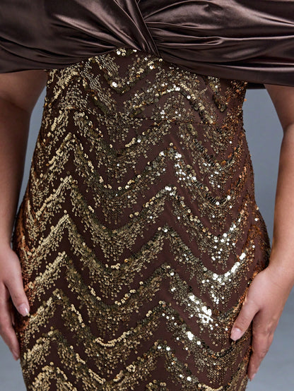 New Sequined Strapless Elegant Plus Size Evening Gown, Ruffle Hem, Bodycon, Fishtail Skirt, Suitable For Formal Parties And Galas