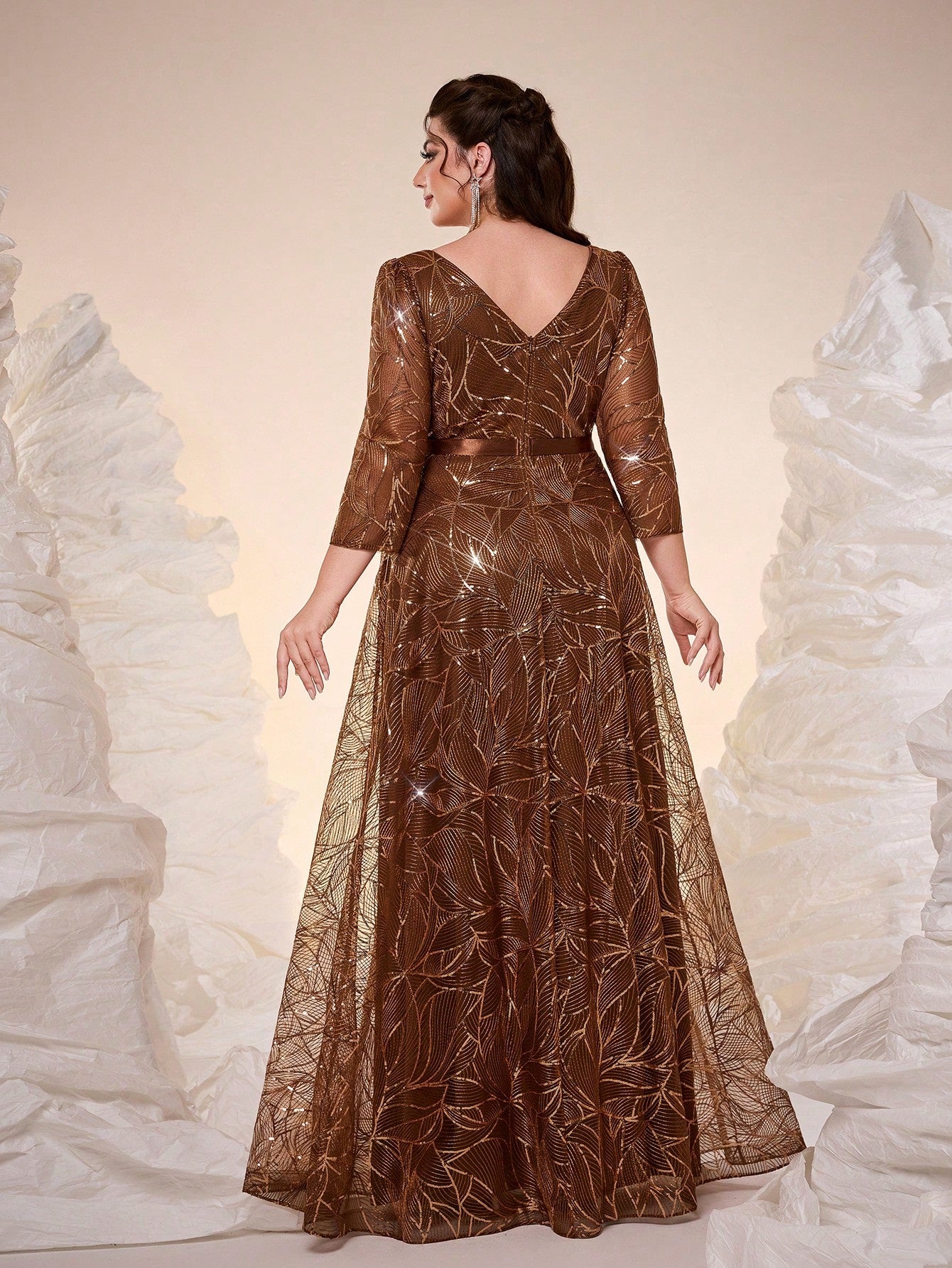 Luxury Elegant Summer Plus Champagne Sequin Tulle Maxi Gown, Leaf Embroidery A-Line, Floor Waist Wedding Mother Bride Party Formal Dress