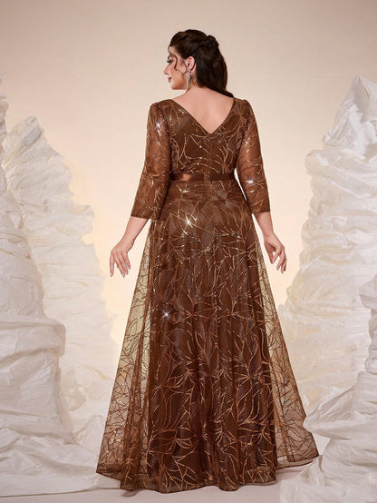Luxury Elegant Summer Plus Champagne Sequin Tulle Maxi Gown, Leaf Embroidery A-Line, Floor Waist Wedding Mother Bride Party Formal Dress