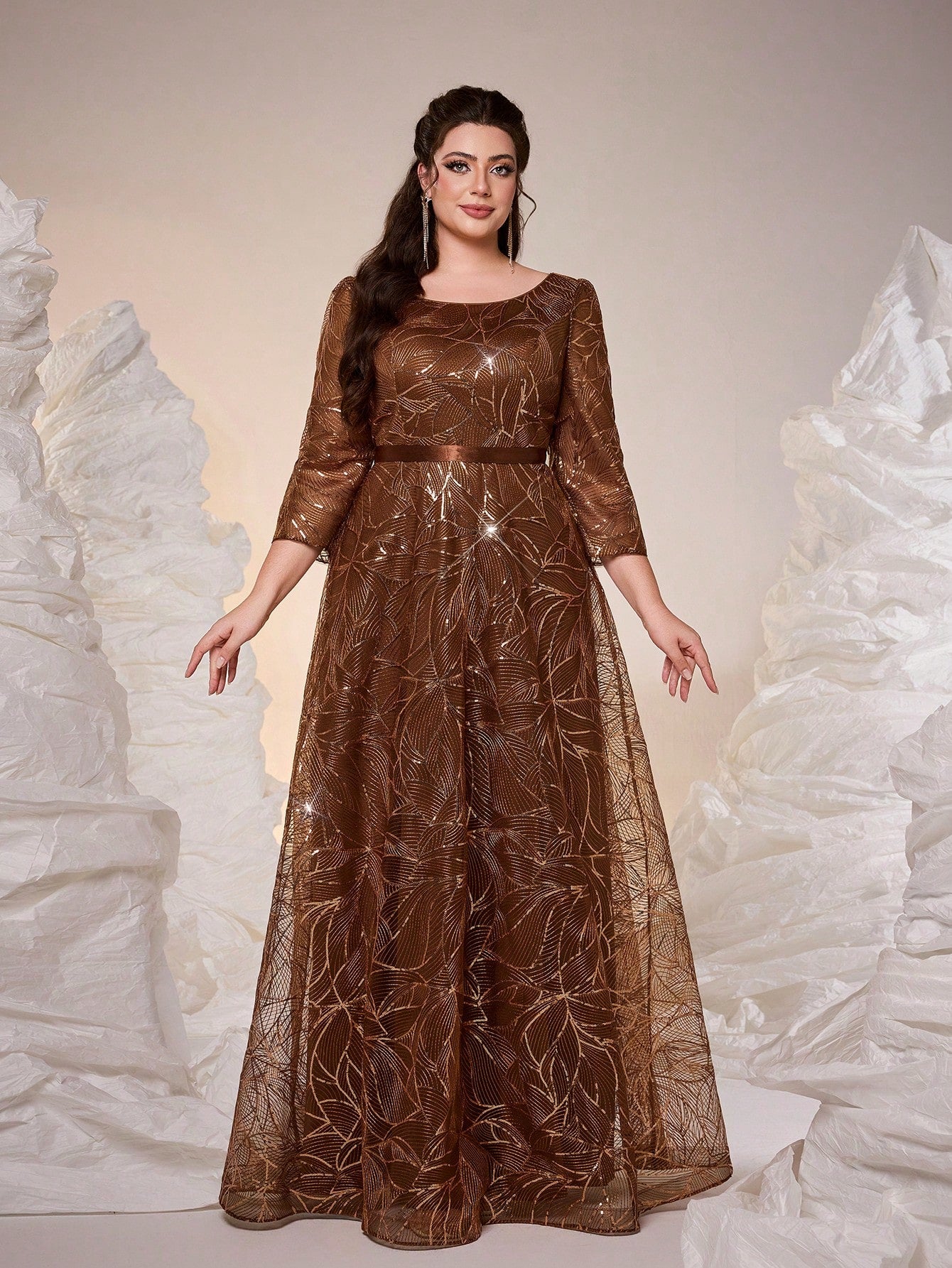Luxury Elegant Summer Plus Champagne Sequin Tulle Maxi Gown, Leaf Embroidery A-Line, Floor Waist Wedding Mother Bride Party Formal Dress