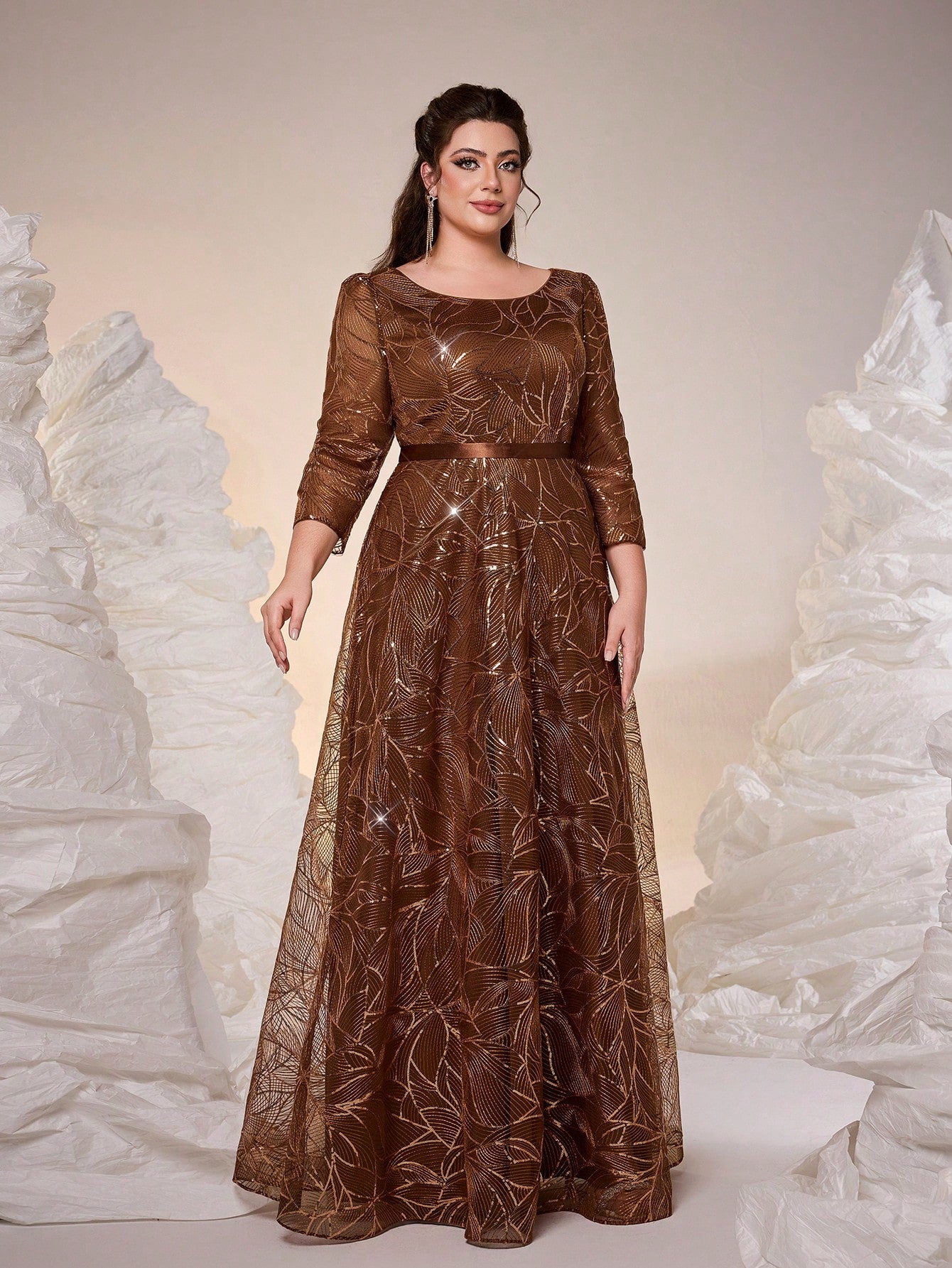 Luxury Elegant Summer Plus Champagne Sequin Tulle Maxi Gown, Leaf Embroidery A-Line, Floor Waist Wedding Mother Bride Party Formal Dress