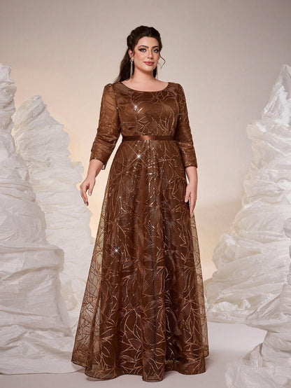 Luxury Elegant Summer Plus Champagne Sequin Tulle Maxi Gown, Leaf Embroidery A-Line, Floor Waist Wedding Mother Bride Party Formal Dress