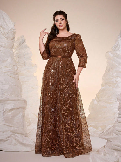 Luxury Elegant Summer Plus Champagne Sequin Tulle Maxi Gown, Leaf Embroidery A-Line, Floor Waist Wedding Mother Bride Party Formal Dress