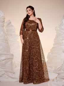 Luxury Elegant Summer Plus Champagne Sequin Tulle Maxi Gown, Leaf Embroidery A-Line, Floor Waist Wedding Mother Bride Party Formal Dress