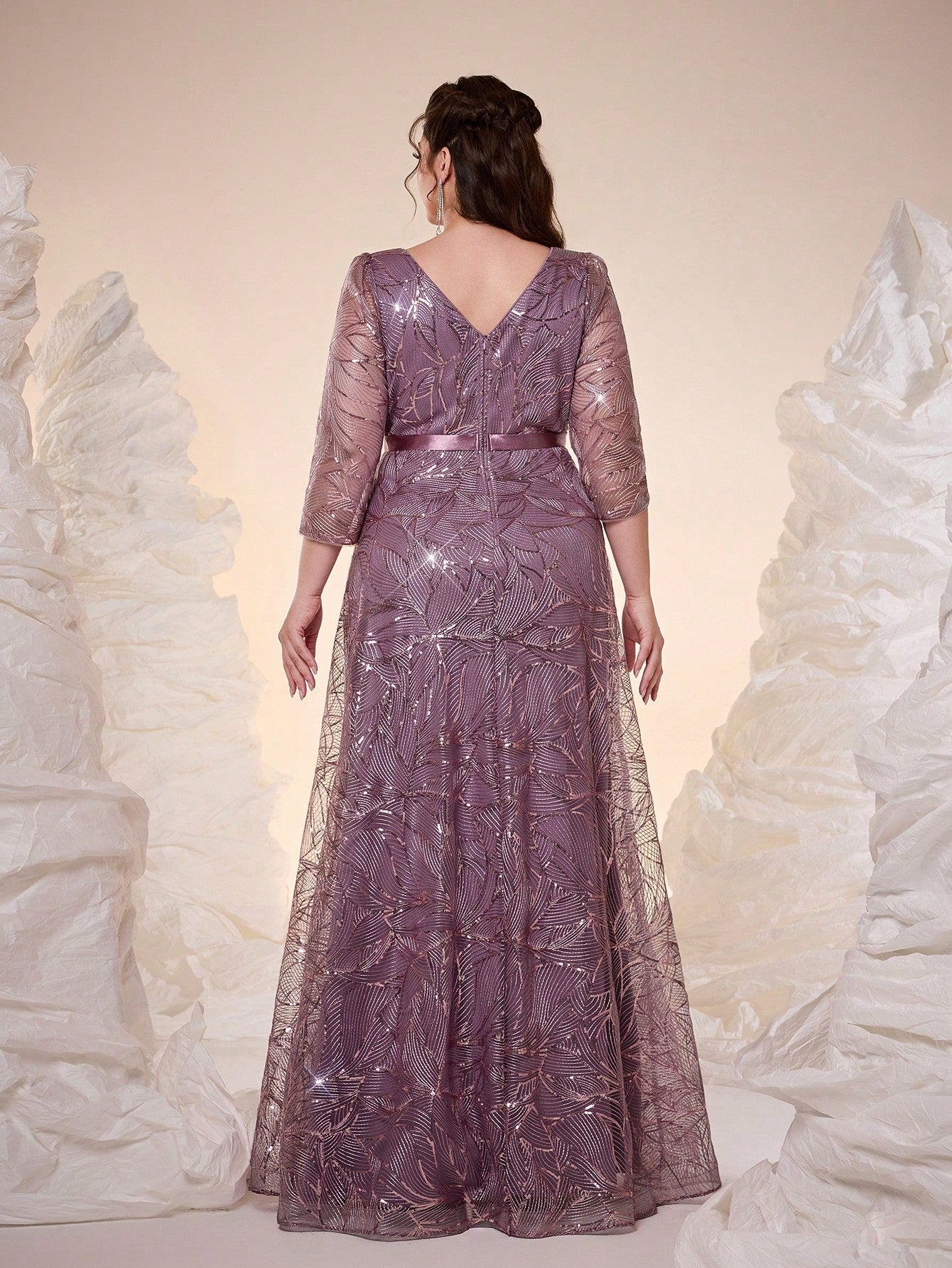 Luxury Elegant Summer Plus Champagne Sequin Tulle Maxi Gown, Leaf Embroidery A-Line, Floor Waist Wedding Mother Bride Party Formal Dress