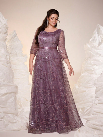 Luxury Elegant Summer Plus Champagne Sequin Tulle Maxi Gown, Leaf Embroidery A-Line, Floor Waist Wedding Mother Bride Party Formal Dress