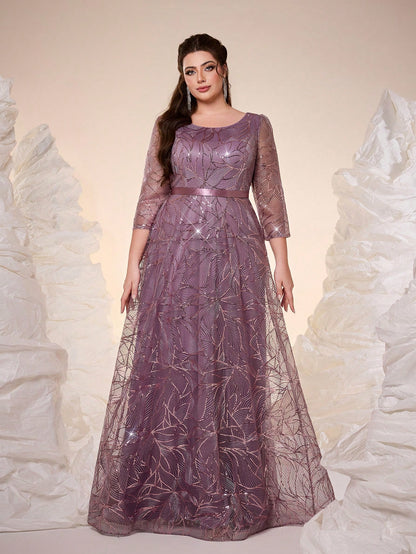 Luxury Elegant Summer Plus Champagne Sequin Tulle Maxi Gown, Leaf Embroidery A-Line, Floor Waist Wedding Mother Bride Party Formal Dress